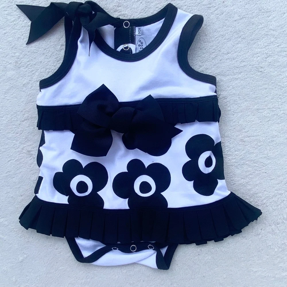 Mud Pie Floral Ruffle Bodysuit Dress, Girls 9-12M White Black‎